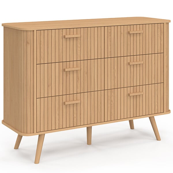 ID MARKET - Commode 6 tiroirs ROMIE 110 cm lattes tasseau bois coloris chêne - large