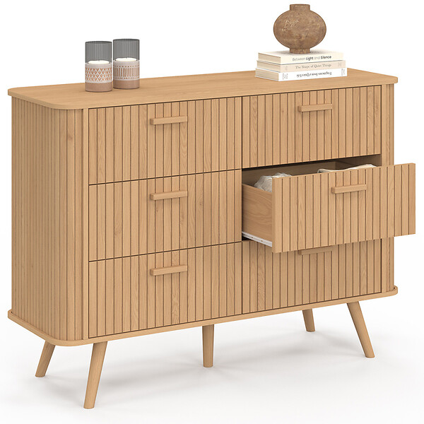 ID MARKET - Commode 6 tiroirs ROMIE 110 cm lattes tasseau bois coloris chêne - large