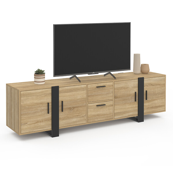 ID MARKET - Meuble TV 180 cm PHOENIX avec rangements bois et noir - large