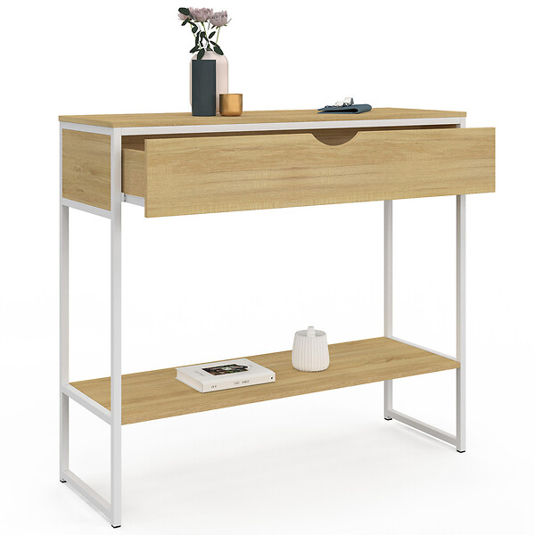 ID MARKET - Console 1 tiroir DETROIT 1 étagère design industriel bois et métal blanc - large