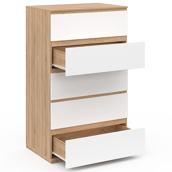 ID MARKET - Chiffonnier 5 tiroirs TOMI 60x40x100 cm commode semainier bois façon hêtre et blanc - large