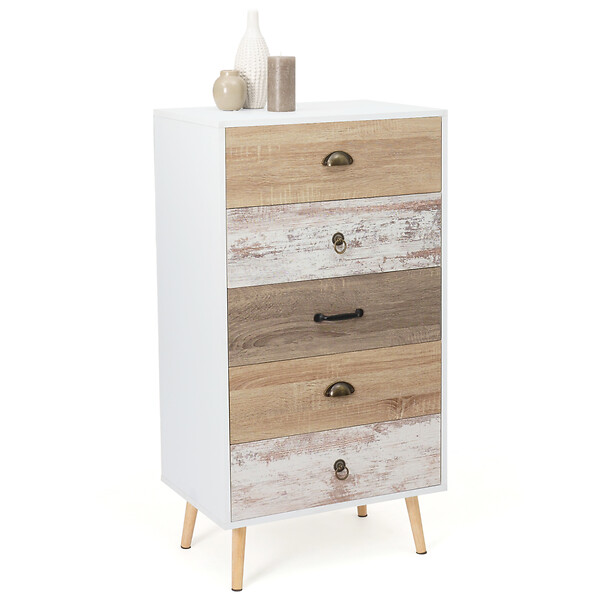 ID MARKET - Chiffonnier 5 tiroirs BAHIA 60x40x110 cm commode semainier design scandinave - large