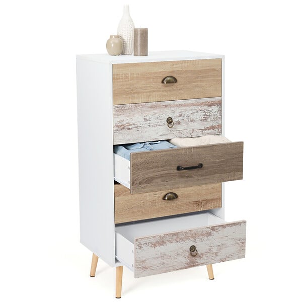 ID MARKET - Chiffonnier 5 tiroirs BAHIA 60x40x110 cm commode semainier design scandinave - large