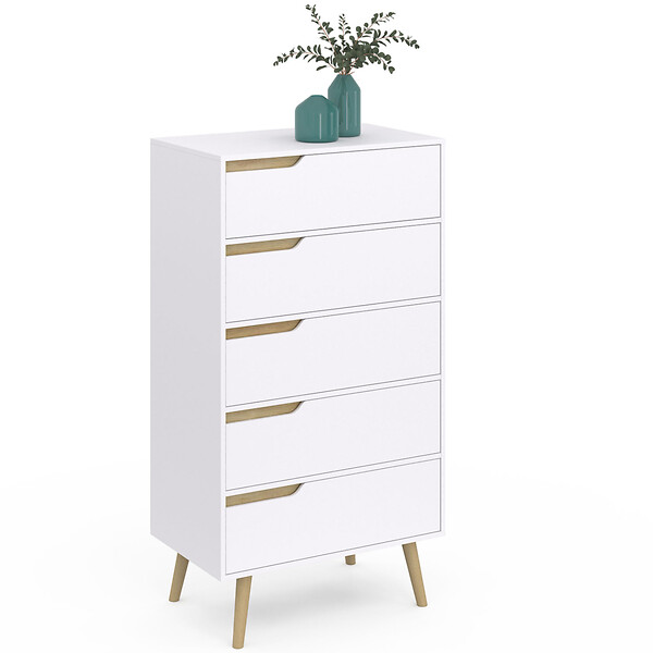 ID MARKET - Chiffonnier 5 tiroirs HELSINKI 60 cm scandinave blanc commode semainier - large