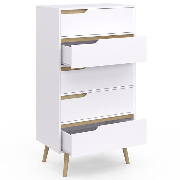ID MARKET - Chiffonnier 5 tiroirs HELSINKI 60 cm scandinave blanc commode semainier - large