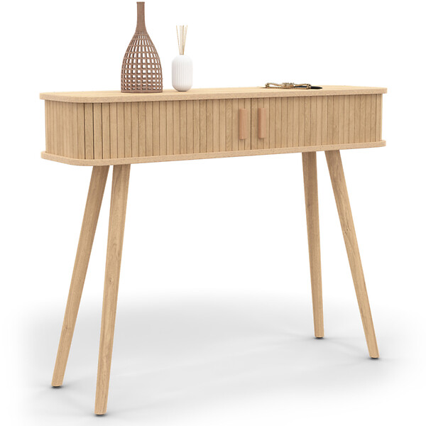 ID MARKET - Console 2 portes coulissantes ROMIE lattes tasseau bois coloris chêne - large
