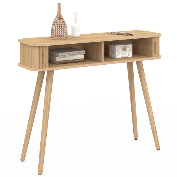 ID MARKET - Console 2 portes coulissantes ROMIE lattes tasseau bois coloris chêne - large