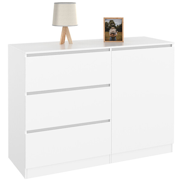 ID MARKET - Commode 3 tiroirs + 1 porte TOMI 110 cm bois blanc - large