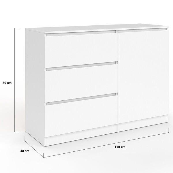 ID MARKET - Commode 3 tiroirs + 1 porte TOMI 110 cm bois blanc - large