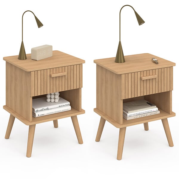 ID MARKET - Lot de 2 tables de chevet JULIETTE 1 tiroir avec niche effet lattes tasseau bois - large