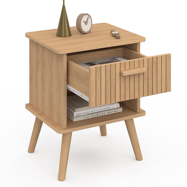 ID MARKET - Lot de 2 tables de chevet JULIETTE 1 tiroir avec niche effet lattes tasseau bois - large