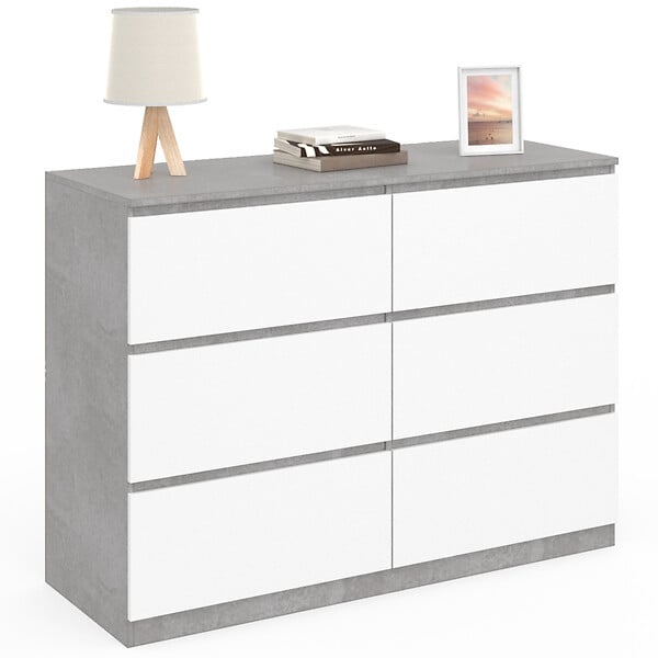 ID MARKET - Commode 6 tiroirs TOMI 110 cm blanc et effet béton - large