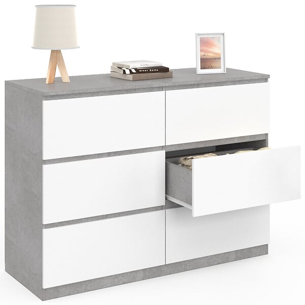 ID MARKET - Commode 6 tiroirs TOMI 110 cm blanc et effet béton - large