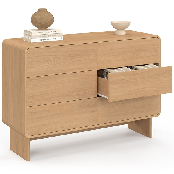 ID MARKET - Commode 6 tiroirs CAPUCINE 110 cm façon hêtre design arrondi - large