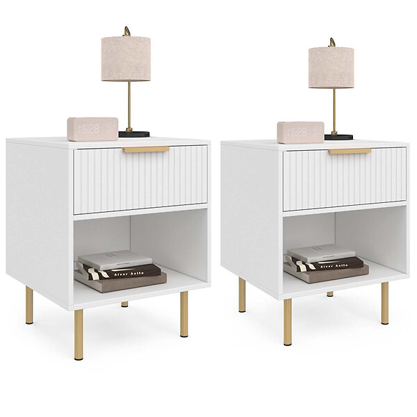ID MARKET - Lot de 2 tables de chevet MARCEL 1 tiroir avec niche effet lattes blanc et doré - large