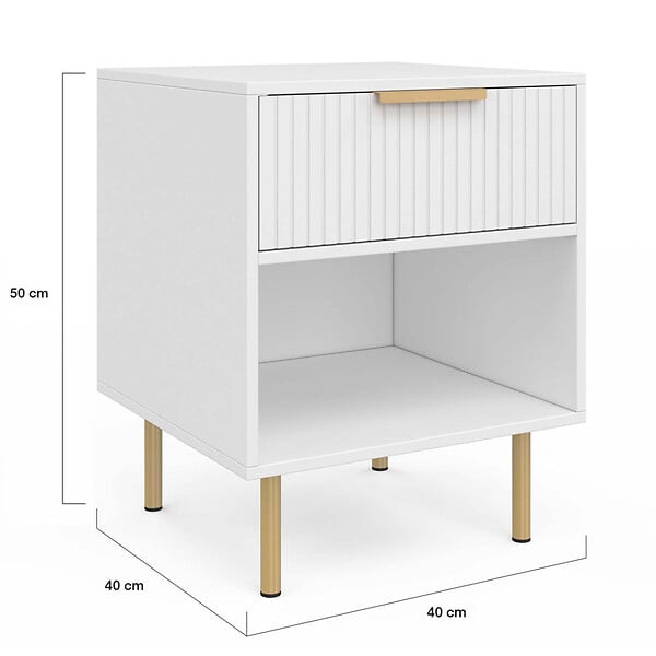 ID MARKET - Lot de 2 tables de chevet MARCEL 1 tiroir avec niche effet lattes blanc et doré - large