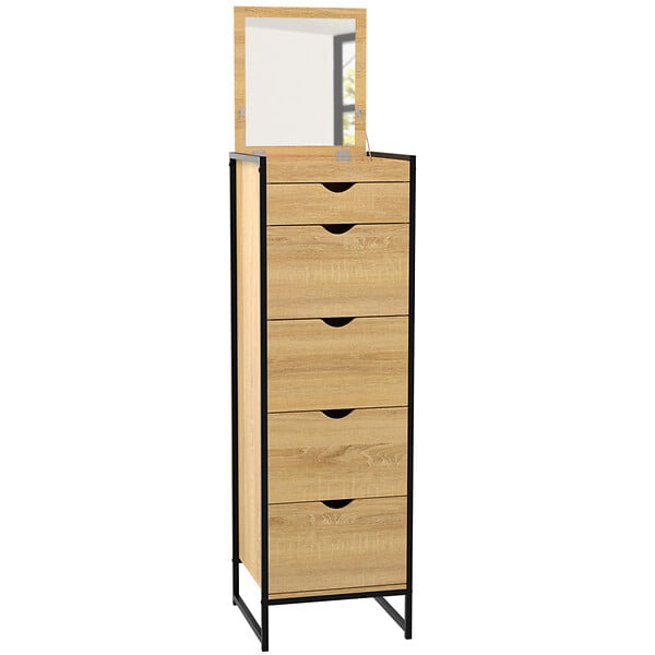 ID MARKET - Chiffonnier 5 tiroirs DETROIT 40x40x125 cm avec miroir meuble d'entrée design industriel - large