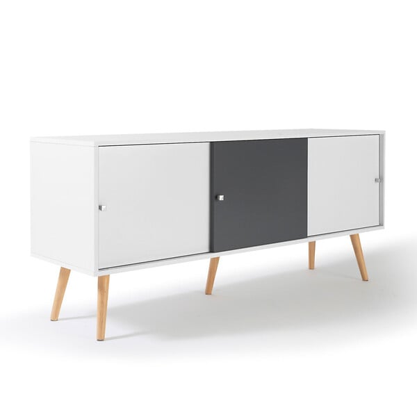 ID MARKET - Buffet bas scandinave 135 cm EFFIE 3 portes bois blanc et gris - large
