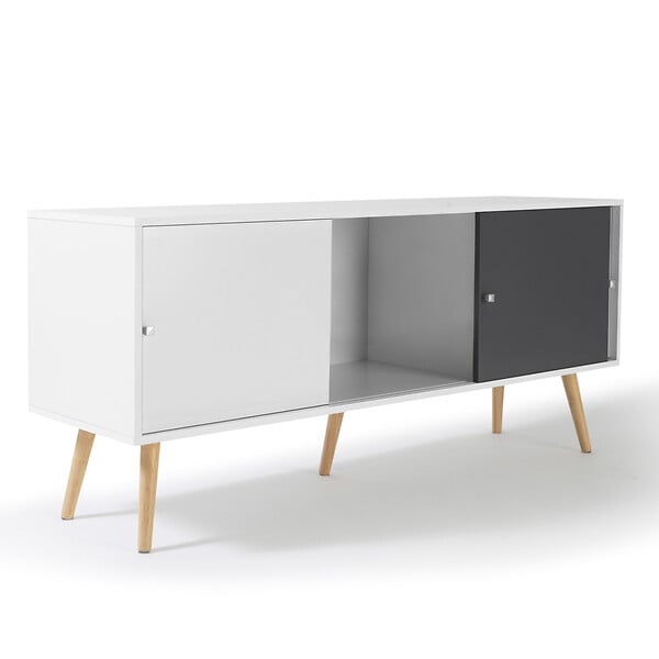 ID MARKET - Buffet bas scandinave 135 cm EFFIE 3 portes bois blanc et gris - large