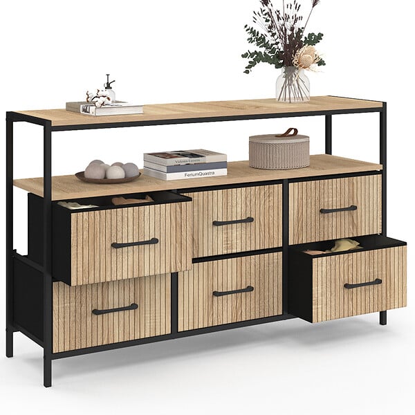 ID MARKET - Commode 6 tiroirs en tissu UTAH 115 CM avec niche effet lattes meuble de rangement design industriel - large