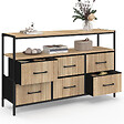 ID MARKET - Commode 6 tiroirs en tissu UTAH 115 CM avec niche effet lattes meuble de rangement design industriel - vignette