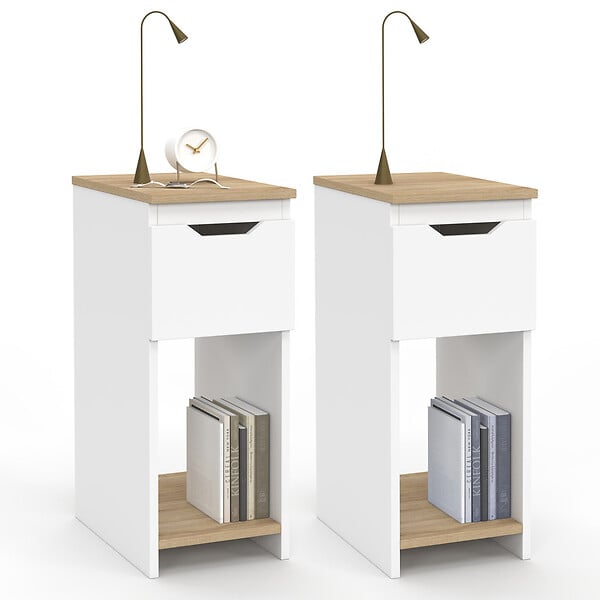 ID MARKET - Lot de 2 tables de chevet étroites ANOUK 1 tiroir avec niche blanc et bois - large