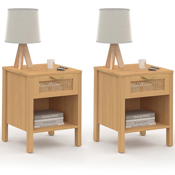 ID MARKET - Lot de 2 tables de chevet EDHEN 1 tiroir avec niche cannage et bois - large