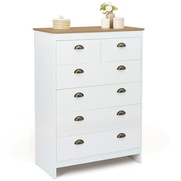 ID MARKET - Commode 6 tiroirs ISIS 80 cm blanc et plateau bois - large