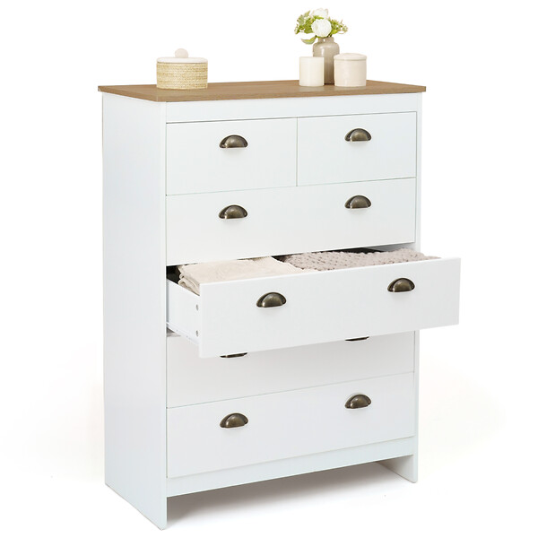 ID MARKET - Commode 6 tiroirs ISIS 80 cm blanc et plateau bois - large