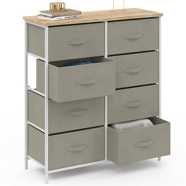 ID MARKET - Commode 8 tiroirs en tissu ALTA 80 cm gris clair et plateau effet bois design industriel - large