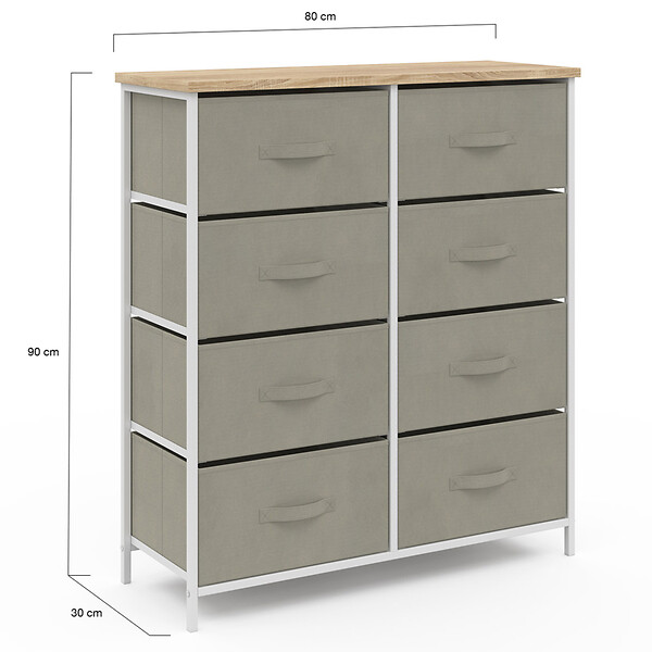 ID MARKET - Commode 8 tiroirs en tissu ALTA 80 cm gris clair et plateau effet bois design industriel - large
