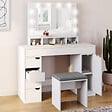 ID MARKET - Coiffeuse ZELIA blanche miroir LED avec 4 niches, 5 tiroirs, 1 caisson de rangement et tabouret rembourré - vignette
