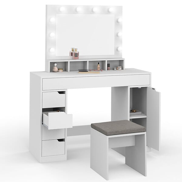 ID MARKET - Coiffeuse ZELIA blanche miroir LED avec 4 niches, 5 tiroirs, 1 caisson de rangement et tabouret rembourré - large