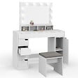 ID MARKET - Coiffeuse ZELIA blanche miroir LED avec 4 niches, 5 tiroirs, 1 caisson de rangement et tabouret rembourré - vignette