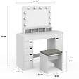 ID MARKET - Coiffeuse ZELIA blanche miroir LED avec 4 niches, 5 tiroirs, 1 caisson de rangement et tabouret rembourré - vignette
