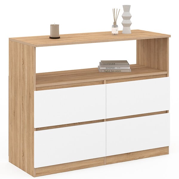 ID MARKET - Commode 4 tiroirs TOMI 100 cm avec niche façon hêtre et blanc - large