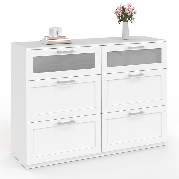 ID MARKET - Commode 6 tiroirs VITO 110 cm bois blanc et effet givré - large