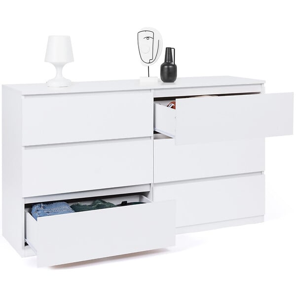 ID MARKET - Commode 6 tiroirs TOMI XXL 140 cm bois blanc - large