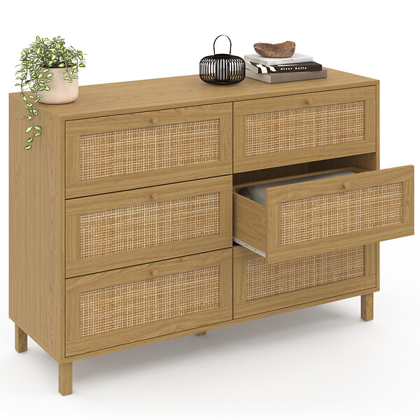 ID MARKET - Commode 6 tiroirs HANAE 115 cm effet naturel cannage - large