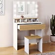 ID MARKET - Coiffeuse ZELIA blanc et hêtre miroir LED avec 4 niches, 1 tiroir et tabouret - vignette
