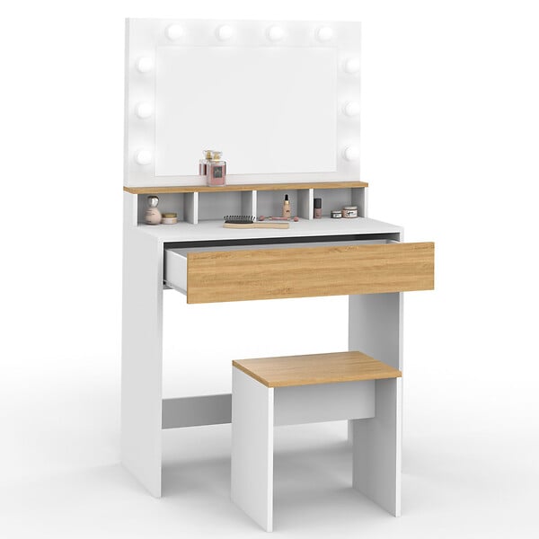 ID MARKET - Coiffeuse ZELIA blanc et hêtre miroir LED avec 4 niches, 1 tiroir et tabouret - large