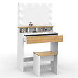 ID MARKET - Coiffeuse ZELIA blanc et hêtre miroir LED avec 4 niches, 1 tiroir et tabouret - vignette