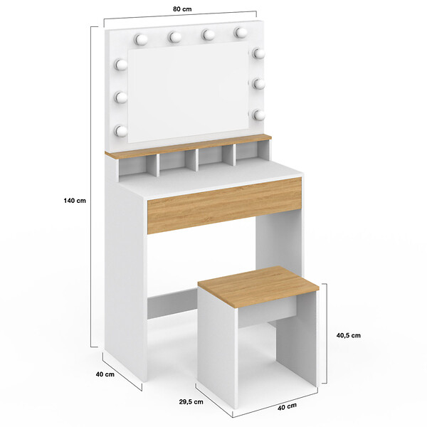 ID MARKET - Coiffeuse ZELIA blanc et hêtre miroir LED avec 4 niches, 1 tiroir et tabouret - large