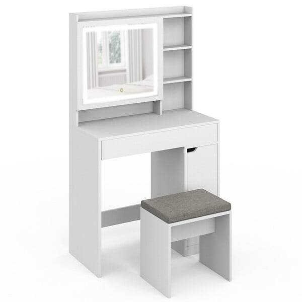 ID MARKET - Coiffeuse ZELIA blanche miroir LED avec rangement, 1 tiroir, 1 caisson de rangement et tabouret rembourré - large