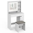 ID MARKET - Coiffeuse ZELIA blanche miroir LED avec rangement, 1 tiroir, 1 caisson de rangement et tabouret rembourré - vignette