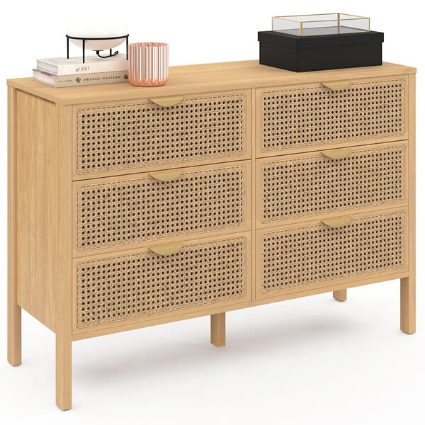ID MARKET - Commode 6 tiroirs EDHEN 115 cm bois et cannage - large