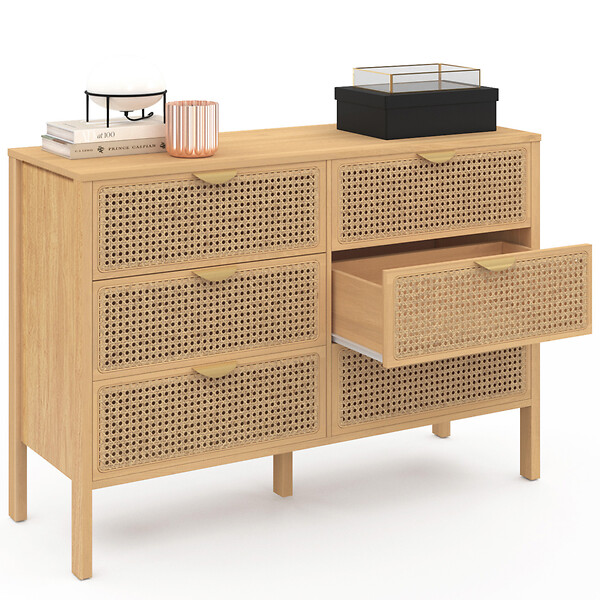 ID MARKET - Commode 6 tiroirs EDHEN 115 cm bois et cannage - large