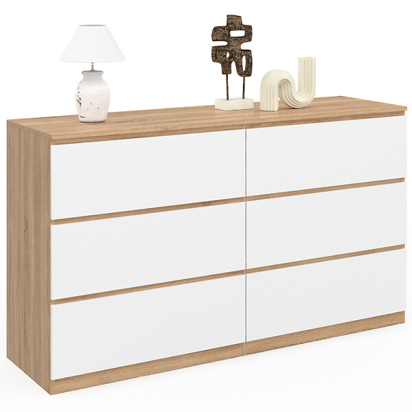 ID MARKET - Commode 6 tiroirs TOMI XXL 140 cm bois façon hêtre et blanc - large