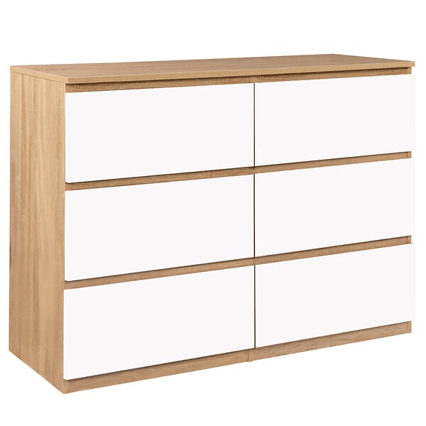 ID MARKET - Commode 6 tiroirs TOMI 110 cm bois façon hêtre et blanc - large