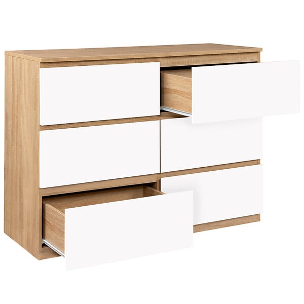 ID MARKET - Commode 6 tiroirs TOMI 110 cm bois façon hêtre et blanc - large